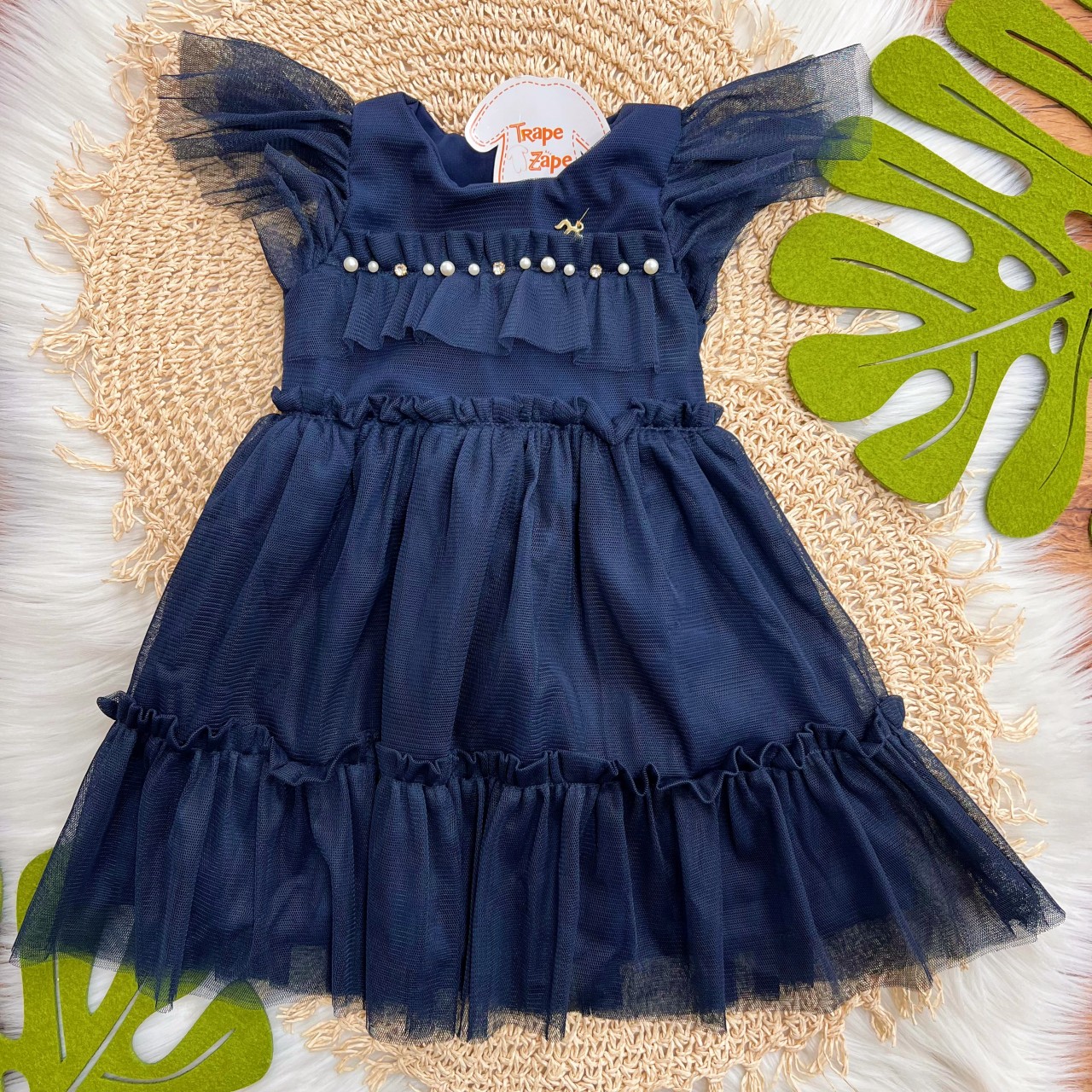 Vestido em Tule com Pérolas - Marinho